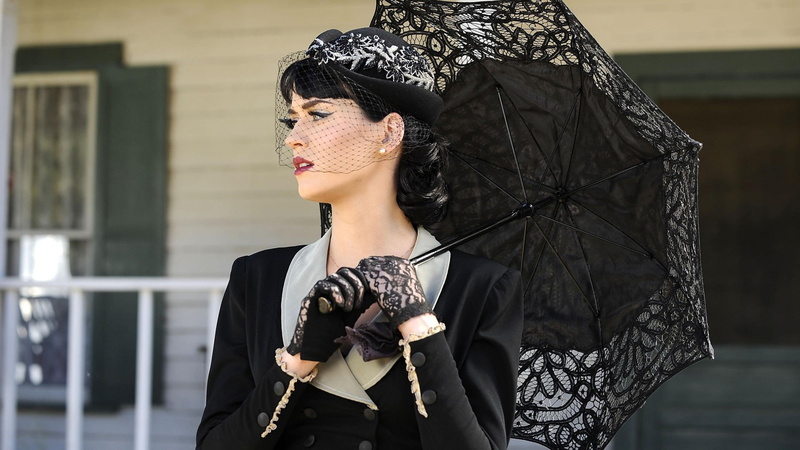 brunette, eyes, portrait, black hair, face, black gloves, millinery, women outdoors, Katy Perry, umbrella, 1080P