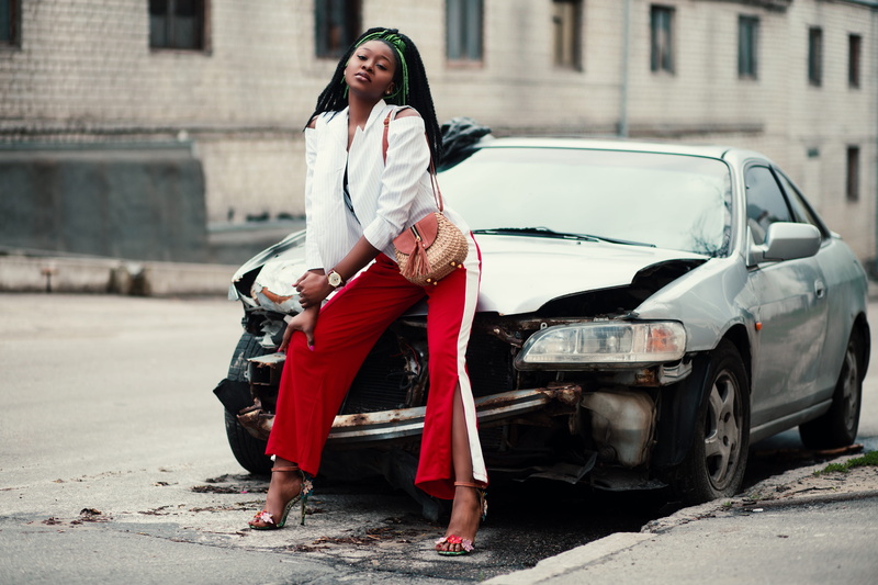 portrait, pose, front view, transportation system, road, architecture, blogging, adult, urban, full length, white, 5K, damaged, land vehicle, casual clothing