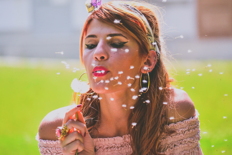 plant, hairstyle, nature, female, growth, green, accessories, front view, flower, model, summer, brown hair, hand, 4K, joyful, blowing, smile, cute, park