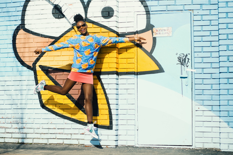 jump, fashion, casual clothing, outdoors, sunnyday, brick, colorful, blogger, yellow, happy, style, one person, summer, stock photo, modelling, kharkov