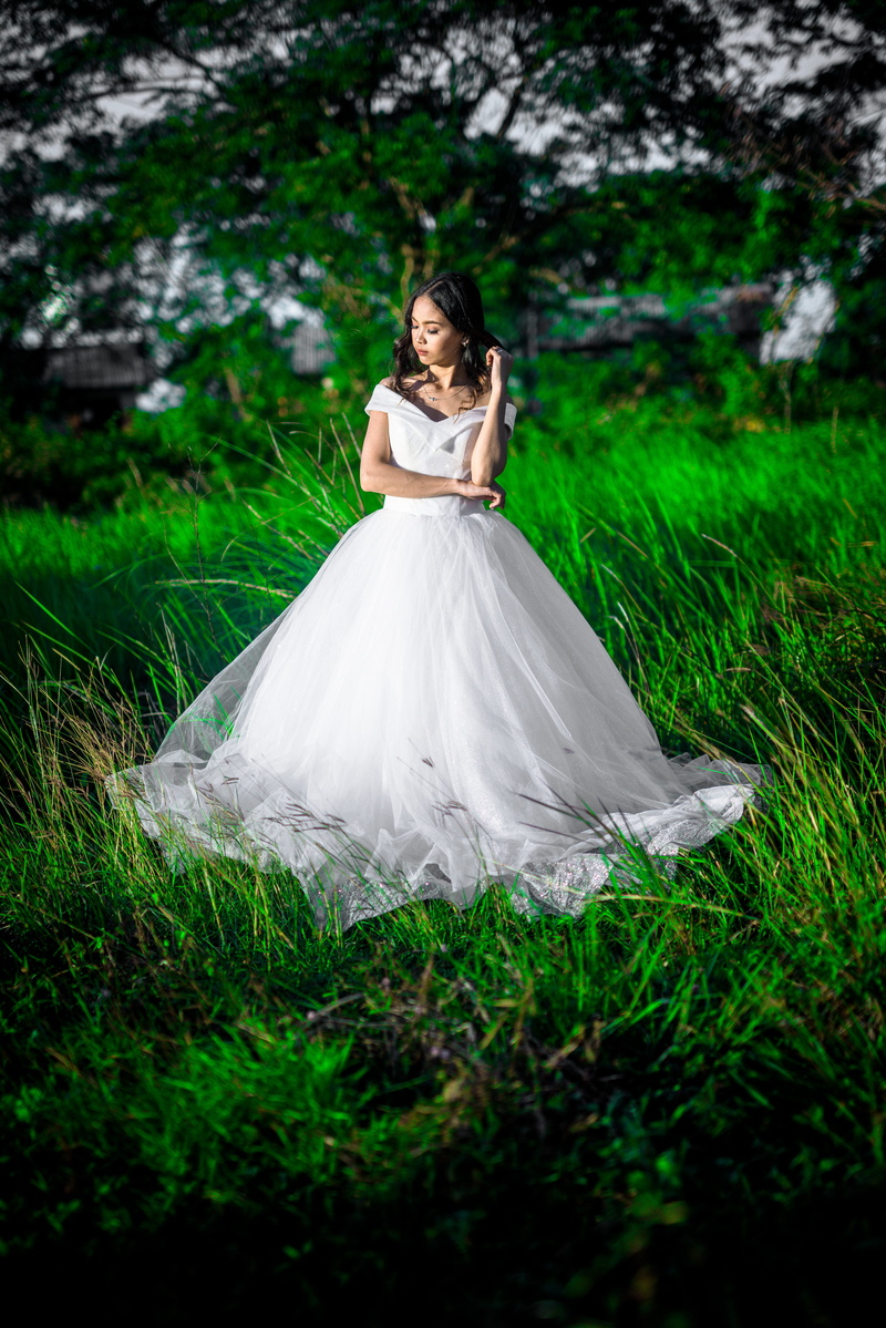 girl, wedding dress, full length, sleeve, women, standing, young women, land, tree, human, hairstyle, grass, plant, portrait, dress, one person, woman