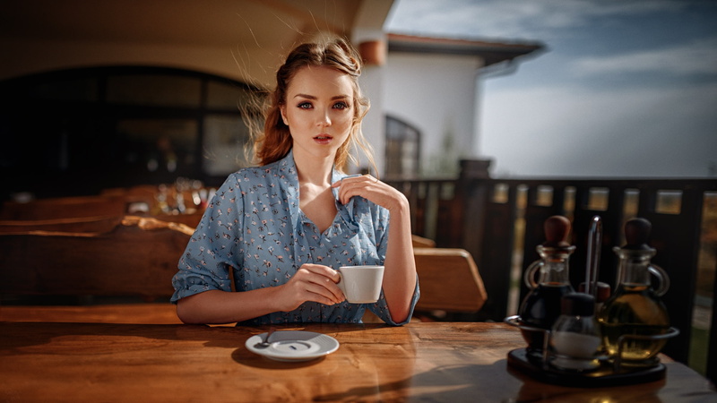 restaurant, Georgy Chernyadyev, sky, looking at viewer, women, depth of field, Ekaterina Sherzhukova, dress, portrait, women indoors, model, sitting, coffee cup