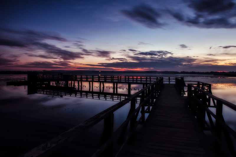 mood, cloud - sky, sunrise, southern germany, wood - material, built structure, bridge, dock, nature, sea, body, bridge - man made structure, direction