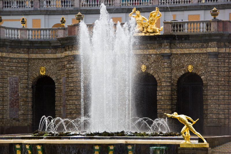 waterfall, park, blurred motion, peter, flow, large, outdoors, fountain, spb, russian, motion, nature, built structure, gold, figure, day, flowing, long exposure