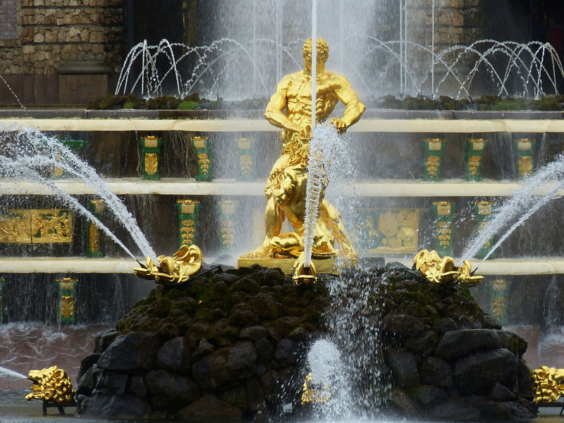 peterhof, day, splashing, no people, outdoors, fountain, built structure, representation, castle, falling water, long exposure, statue, petersburg, golden