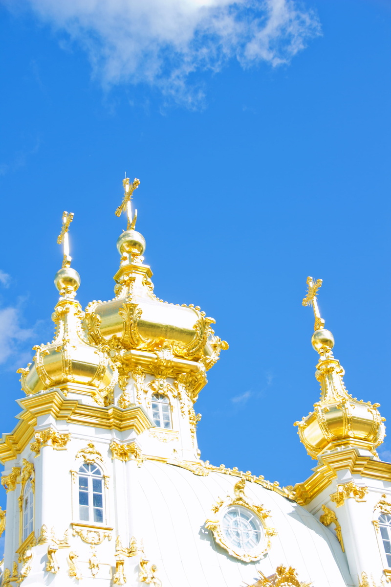 no people, golden, building, white, gold colored, blue, cloud - sky, architecture, russia, peter, old, low angle view, st, petersburg, antique, belief