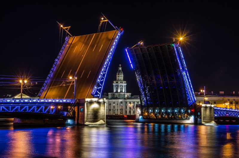 bridge, 1080P, night, lights, Saint Petersburg
