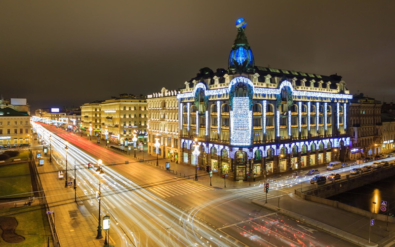 Street, Russia, Night, Lights, st, 1080P, Houses, Buildings, Petersburg