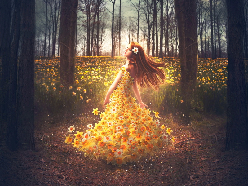 Girl, Flowers, Daffodils, Design, Dress, Shelby, 1080P, Robinson, Creative