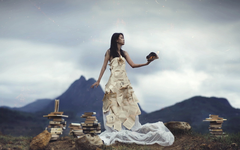 Girl, 1080P, women, white, Scene, gown, Book, s, wedding, Burning, Creative