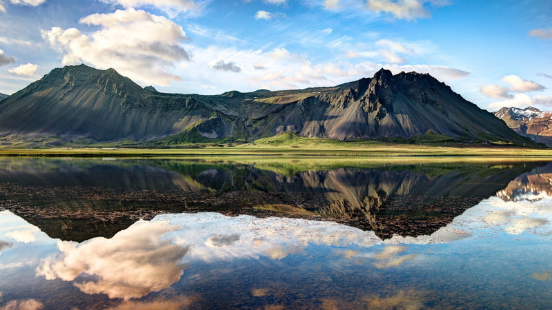relection, grass, iceland, fjords, lake, clouds, 2K