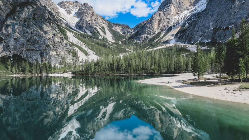 idyllic, forest, sand, peaceful, shore, mountain peak, mirror, pine tree, waterfront, water, nature, alpine, snow, relection, reflection, reflection lake