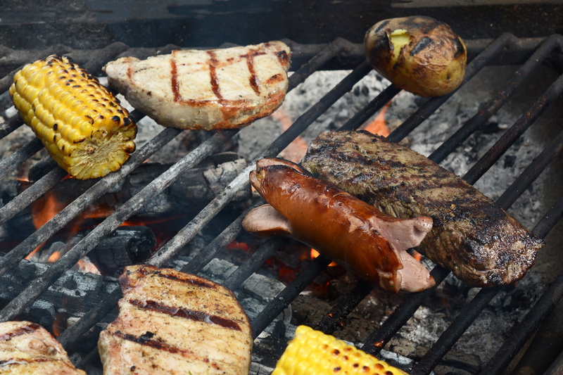 grilled, meat, eat, preparation, temptation, preparing food, grill, embers, steak, corn on the cob, heat - temperature, charcoal, corn, stainless, barbecue