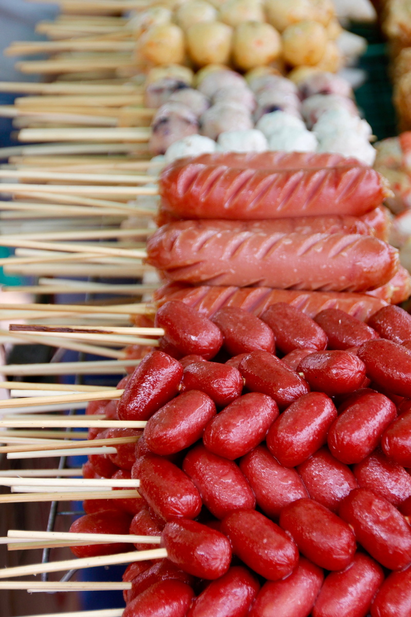 red, day, sizzle, bratwurst, food, heat, wellbeing, grill sausage, retail display, sausage, market, focus on foreground, retail, grill, indoors, market stall