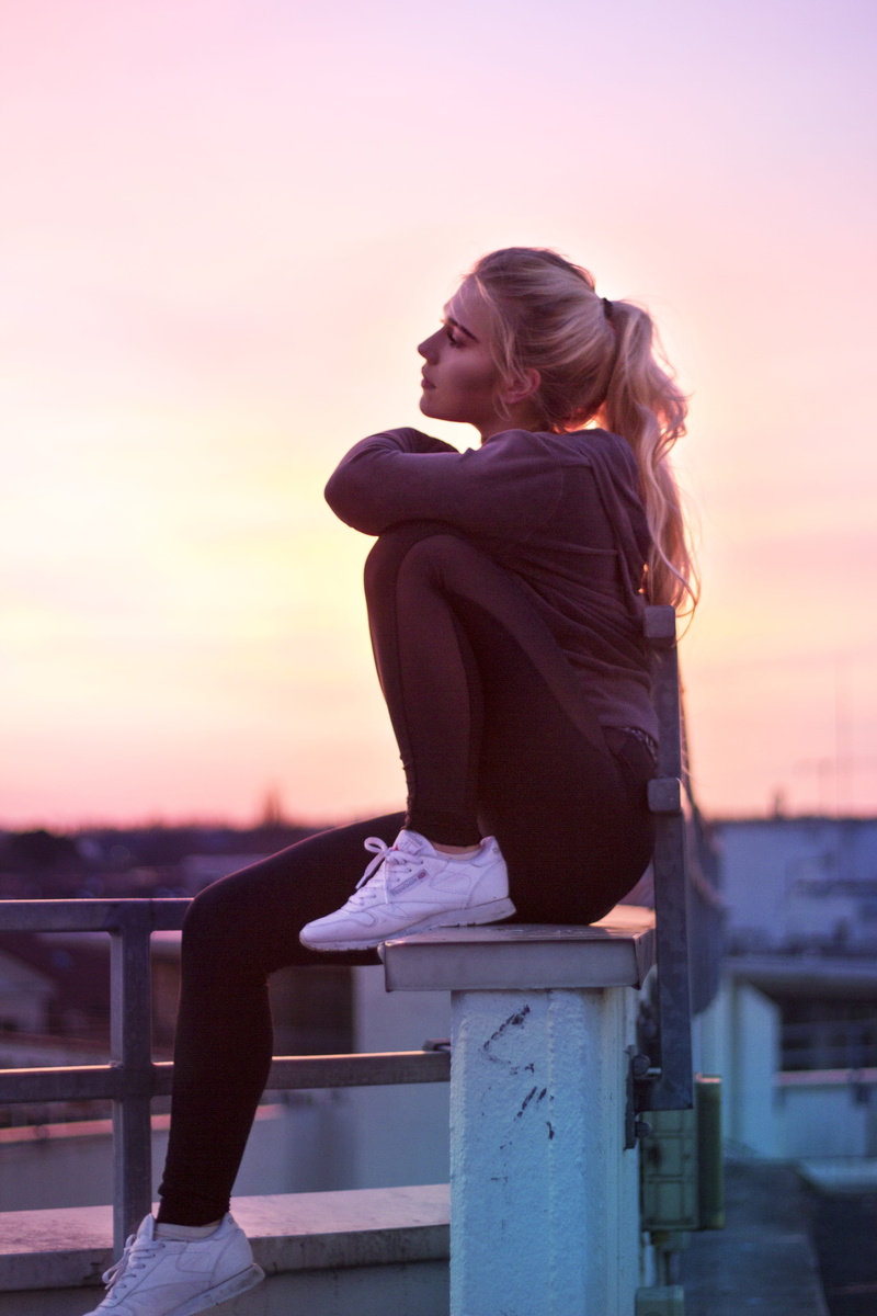 girl, three quarter length, outdoors, harmony, blond, adult, young adult, dom, looking at view, sporty, dusk, contemplation, lifestyles, clouds, looking