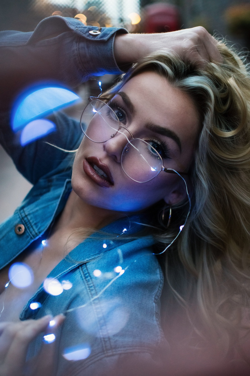 beautiful woman, blonde, portrait, young adult, hair, touching, adult, light, young women, neon, front view, selective focus, lifestyles, one person, glasses