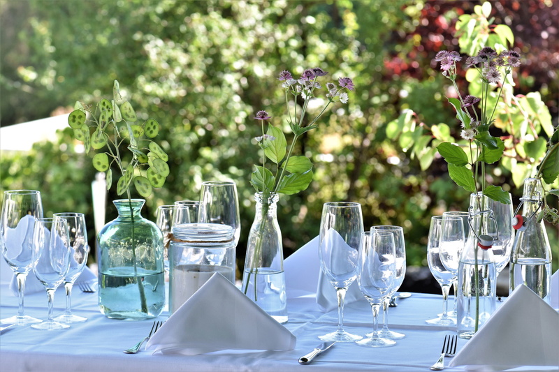 enjoy, garden dinner, setting, 5K, household equipment, arrangement, preparation, crockery, table decorations, nature, napkin, glass, flowering plant