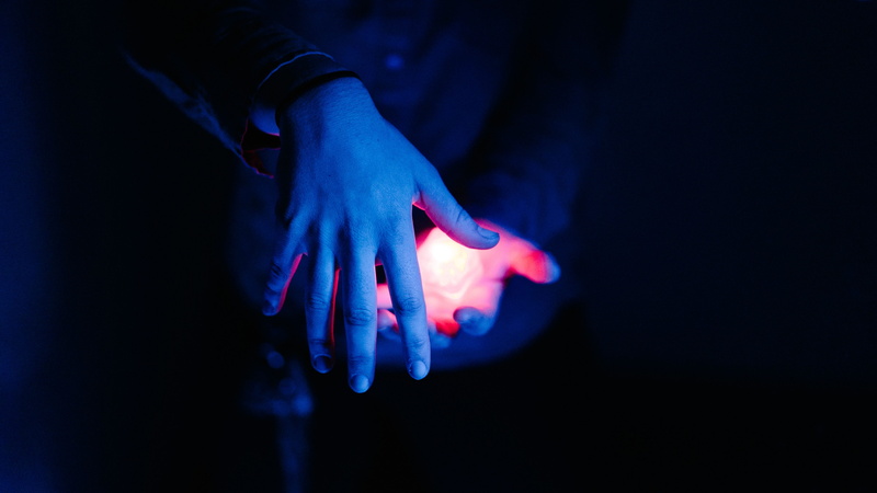 dark, nail polish, illuminated, black background, body part, focus on foreground, light, hands, lights, red, palm, human, human hand, human body part, nail
