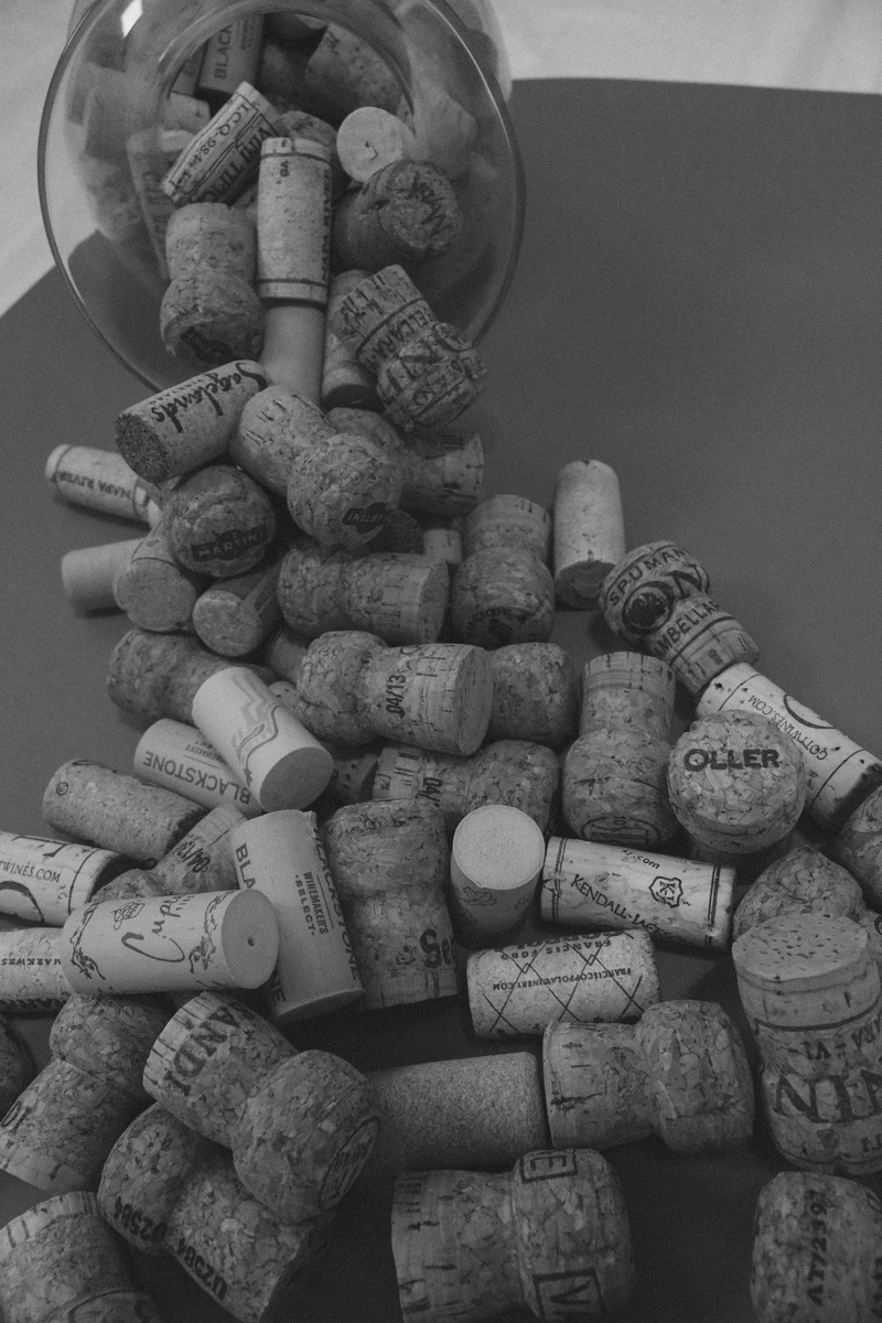 arrangement, still life, wooden, abundance, large group of objects, wine cork, food, 5K, winery, vase, vine, caps, collection, wood, black and white, champagne