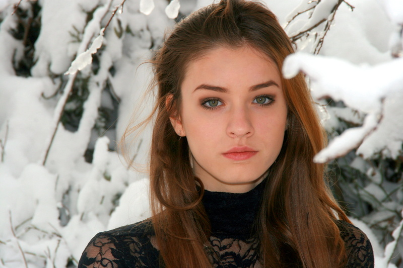 portrait, beauty, winter, neck, top, mesh, filled, blonde, trees, plant, hair, adolescence, black lace, looking at camera, warm clothing, women, 4K, long hair