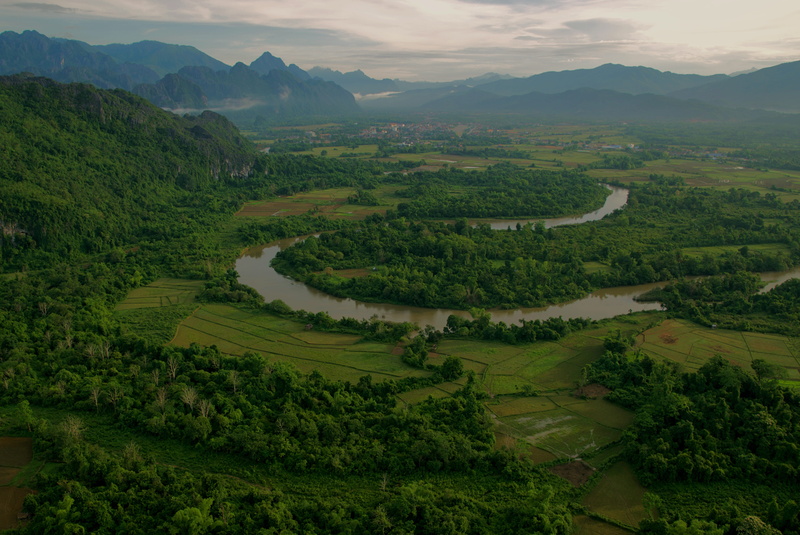 scenics - nature, natural, non-urban scene, vang vieng, cloud, 5K, contrast, green color, travel, idyllic, high angle view, tree, green, town, rice field