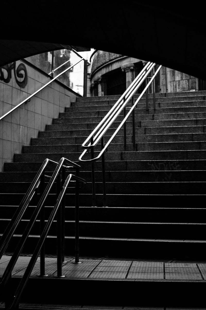 displacements, moving up, street, architecture, station, low angle view, metro, transportation, staircase, night, built structure, city, absence, steps and staircases