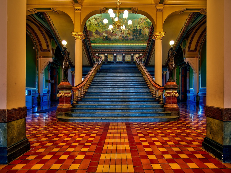 Iowa State Capitol, Iowa, stage, picture, Des Moines, railings, USA, columns, ladder, Capitol, statues, chandelier, 1080P