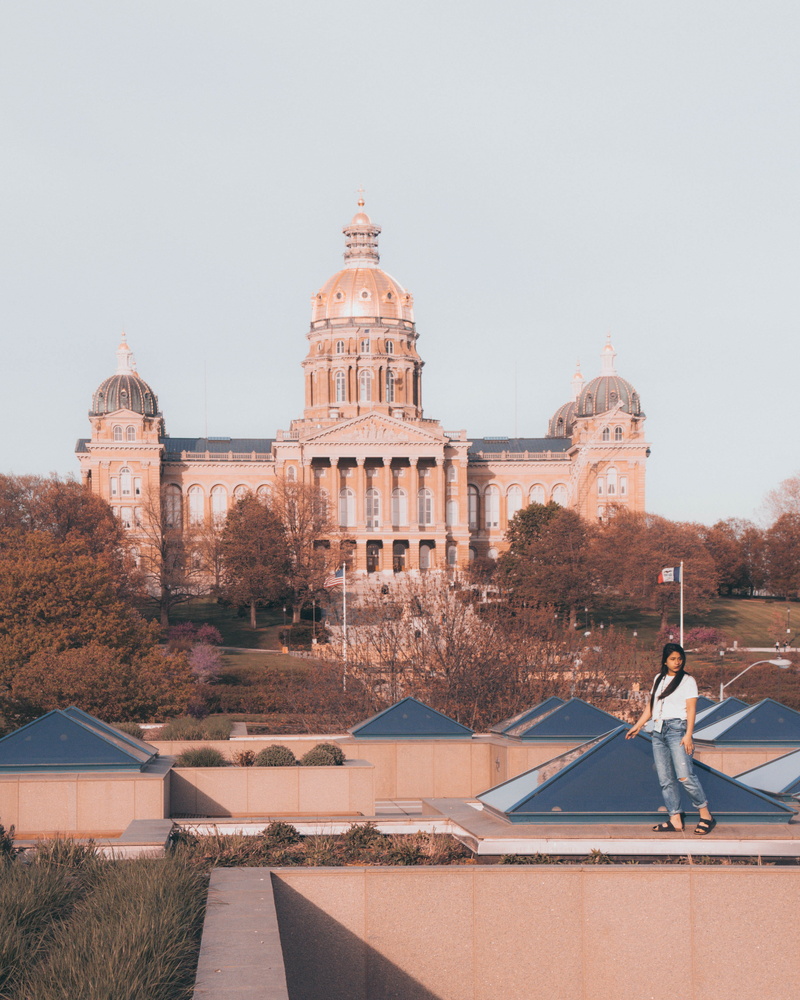 the past, outdoors, tourism, plant, des moines, building, sky, built structure, one person, 2K, united states, trees, travel destinations, iowa, city