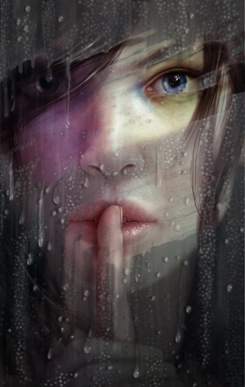 art, watching, wet, human face, rain, water, Up, beautiful woman, emotion, looking through window, looking, girl, 1080P, one person, window, blue, body part