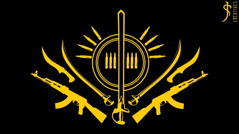 studio shot, black background, sign, illuminated, indoors, lighting equipment, shape, gold, 1080P, weapon, communication, gold colored, logo, no people