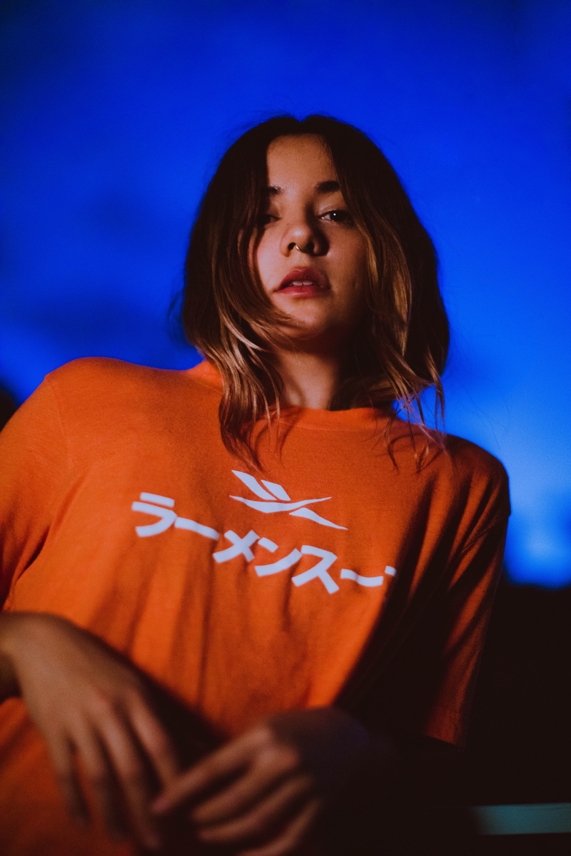 shirt, blu, night, innocence, child, girls, wearing, neon, t, emotion, style, standing, casual clothing, women, portrait, woman, model, fashion, girl, dawn