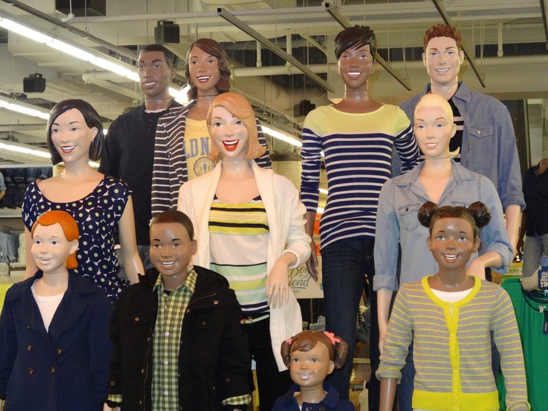 front view, standing, human, happy, group of people, boys, smiling, display dummies, women, Mannequins, portrait, 4K, looking at camera, artificial, manikins