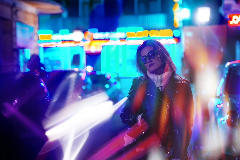 illuminated, beautiful woman, women, woman, night, city, full, leather, lights, young women, wearing, street, neon, near, jacket, young adult, city life