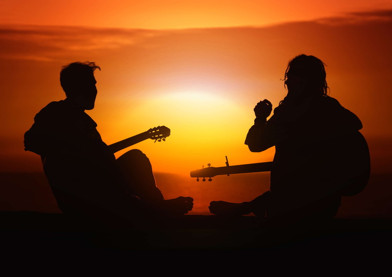 cheerful mood, guitar, comfort, sitting, couple - relationship, arts culture and entertainment, musical instrument, happy courage, 4K, satisfaction, orange