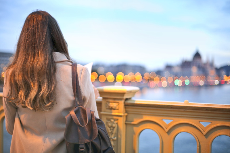 woman, architecture, hairstyle, young adult, looking at view, bridge, brown hair, river, long hair, women, hair, coat, rear view, travel destinations, leather