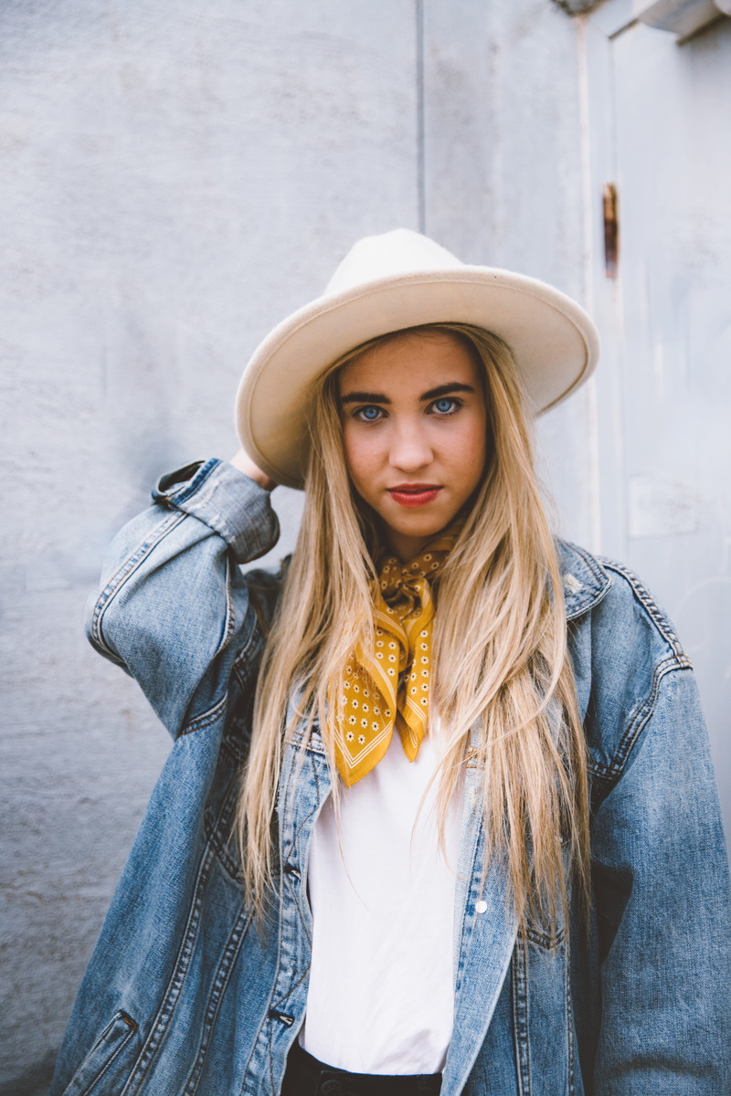 jeans, beautiful woman, concrete, hat, hair, women, woman, teenager, wearing, beauty, leisure activity, standing, jacket, blue eyes, clothing, denim, young adult