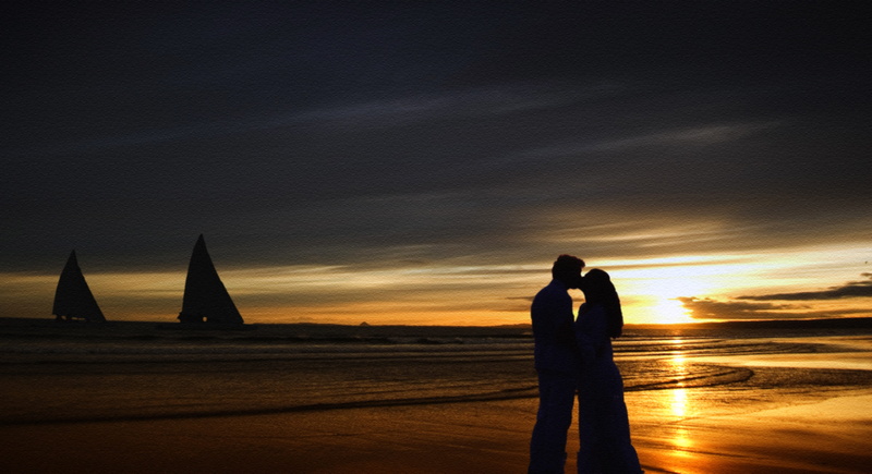 seashore, man, positive emotion, ocean, land, coast, standing, adult, dawn, seascape, couple, sun, pair, seaside, silhouette, reflections, romantic sky