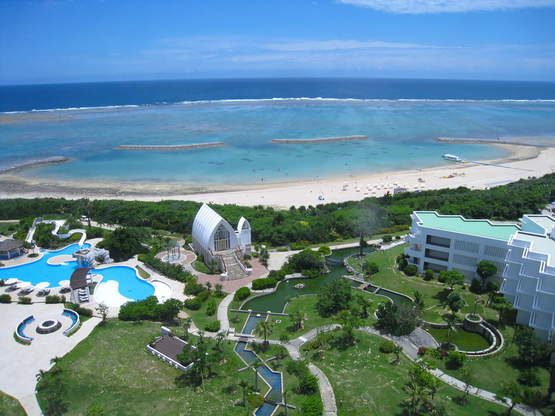 day, stained glass, cloud, no people, beach, sky, architecture, outdoors, building, outlying islands, high angle view, luxury, japan, nature, pool, horizon over water