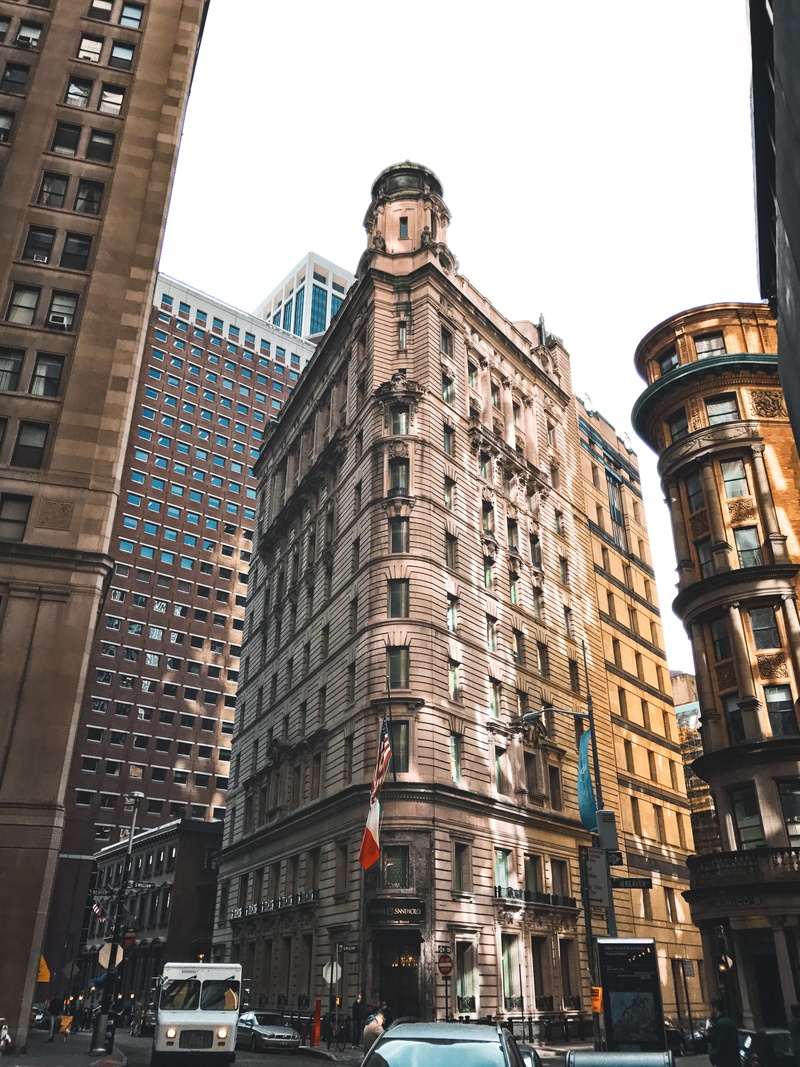angle, motor vehicle, flat iron, skyscraper, outdoors, city, building, vehicle, brown, new york, new york city, tower, united states, apartment, photography