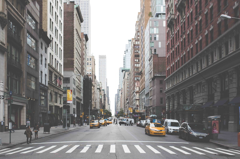 symbol, city street, building, concrete, day, downtown, buildung, architecture, cabs, pedestrian, road, marking, vehicles, 4K, sign, urban, new york, car