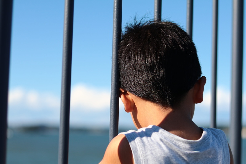 outdoors, sky, contemplation, annoying, man, 5K, focus on foreground, sea, hair, from behind, looking at view, fence, blue, real people, i am young, water