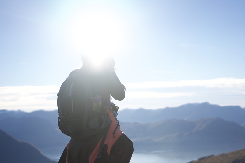 lens flare, people, human, backpack, photographer, mountain range, overexposed, hiker, men, beauty in nature, mountain, landscape, from behind, tranquility