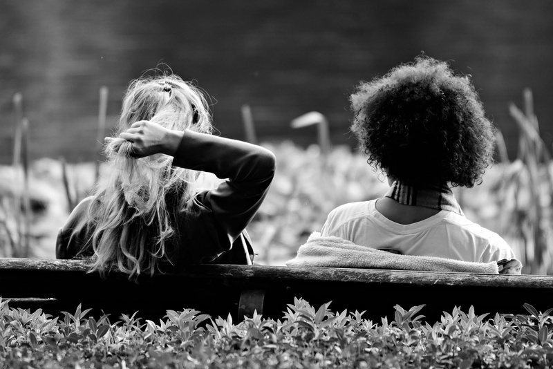 nature, females, brunette, adult, leisure activity, arm, 2K, young adult, focus on foreground, plant, casual clothing, bench, outdoors, togetherness, day