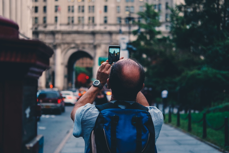 technology, travel, high, cell phone, outdoors, lifestyles, smart phone, rear view, built structure, focus on foreground, backpack, photography themes