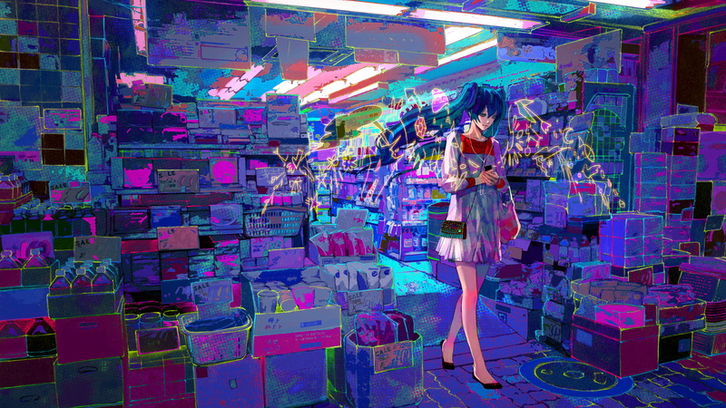 1080P, Vocaloid, full length, multi colored, store, walking, variation, long hair, standing, consumerism, anime girls, one person, retail, blurred motion
