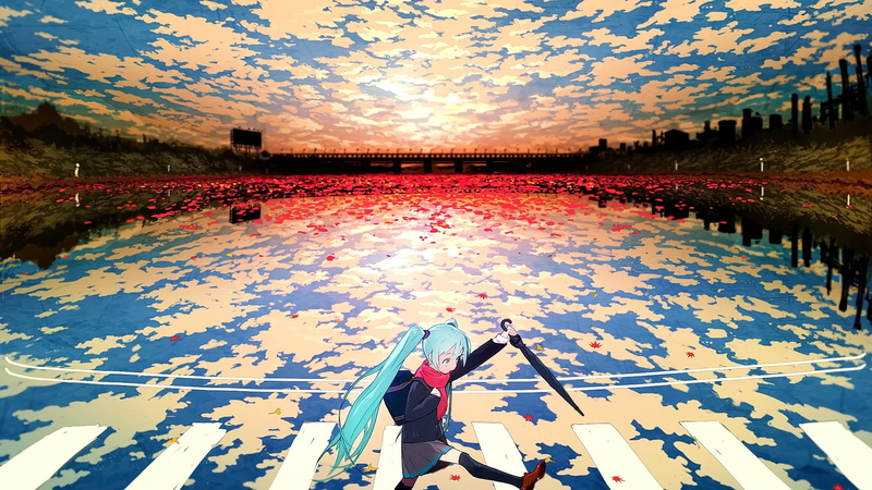 sky, aqua hair, umbrella, clouds, Hatsune Miku, school uniform, walking, anime, Vocaloid, 1080P, looking away