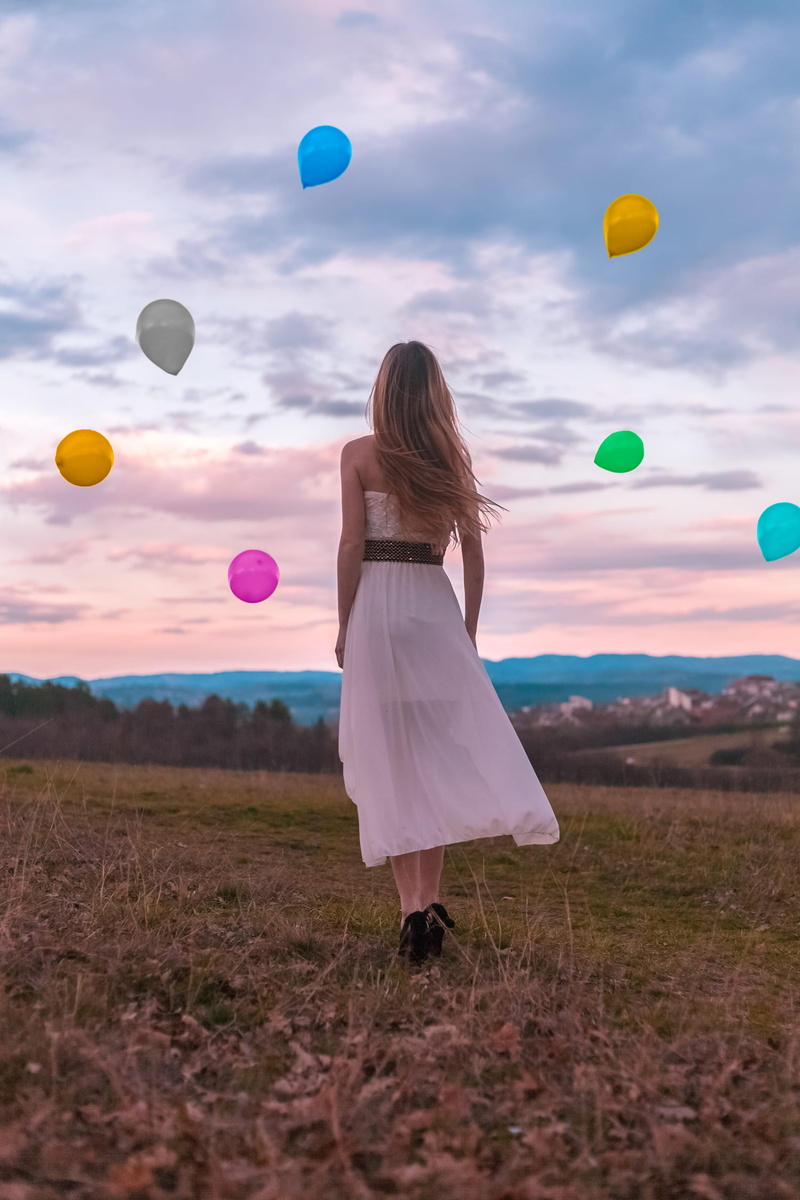 nature, real people, ground, dress, hair, standing, 1080P, clothing, woman, adult, portrait, lifestyles, facing away, women, field, ballons, cloud - sky
