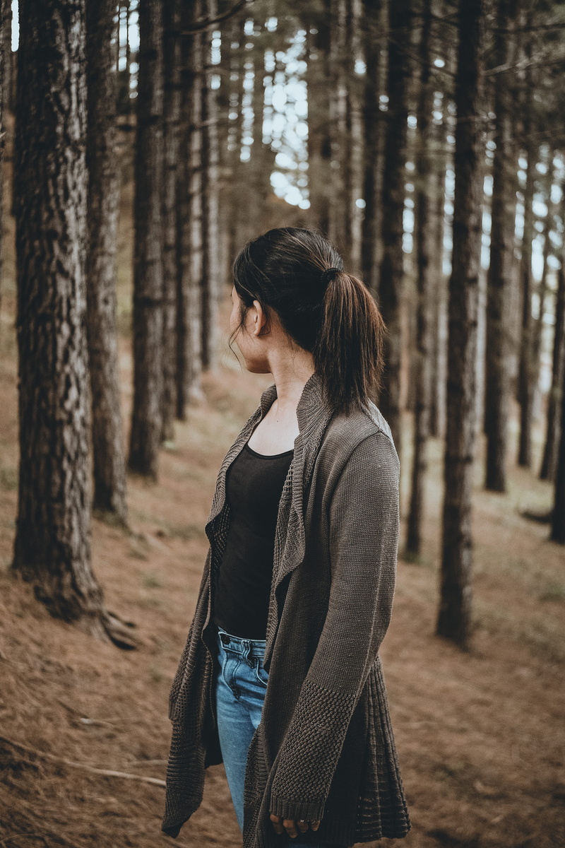 land, girl, near, plant, trail, vintage, looking, back, day, woodland, three quarter length, photography, focus, tree, standing, trunk, leisure activity