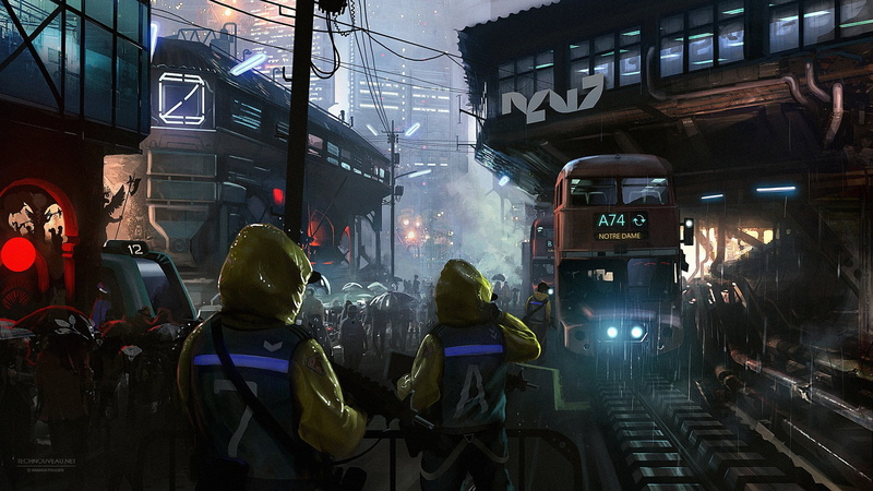 1080P, cyberpunk, yellow suite, science fiction, Notre-Dame, city, rain, neon