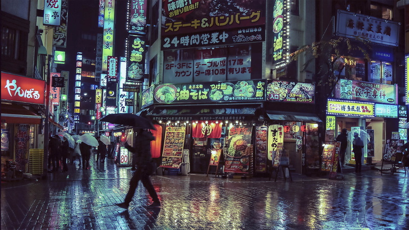 umbrella, reflection, neon, 1080P, rain